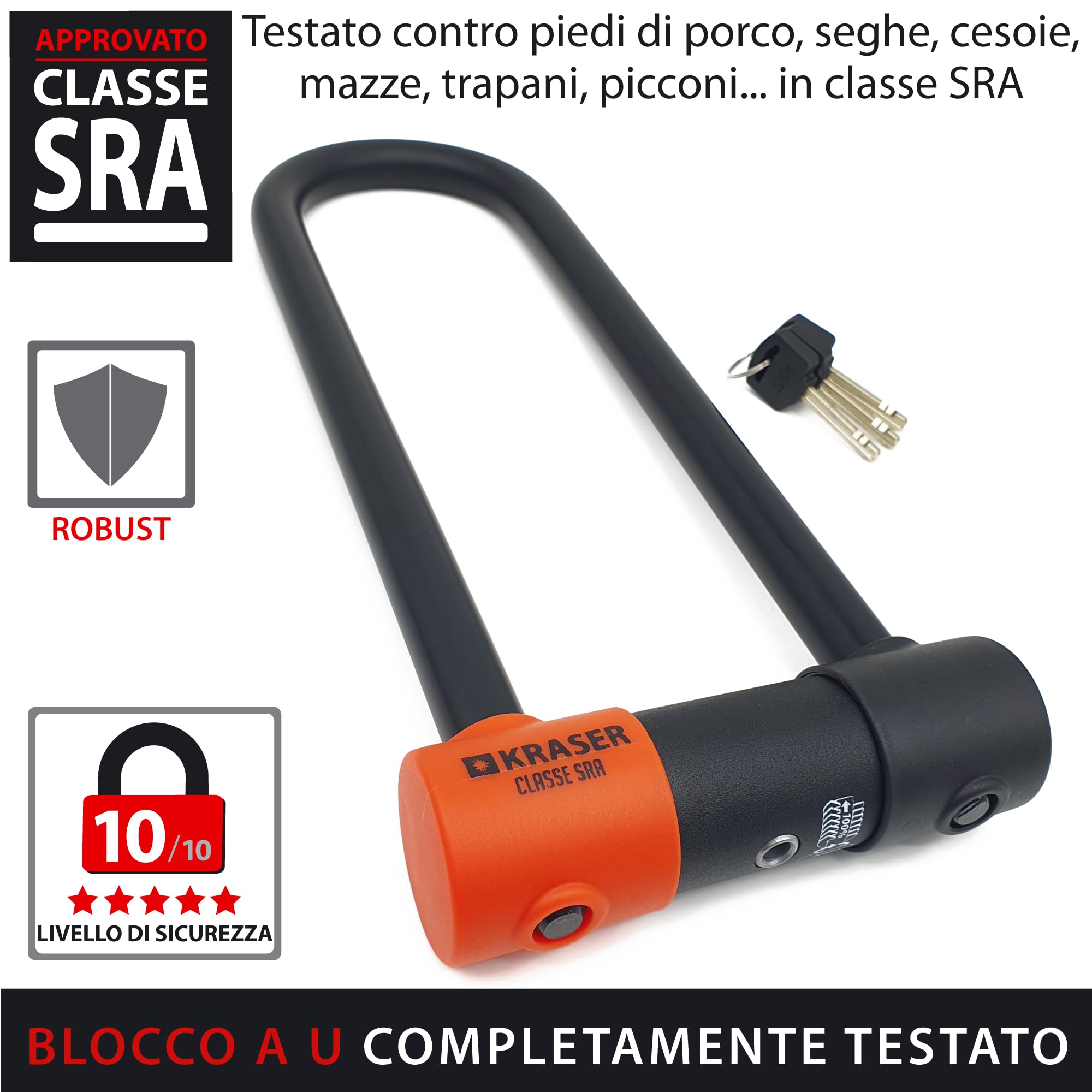 KRASER KR85L Lucchetto a U Blocco Ruota, Alta Sicurezza Testata, Omologato SRA, Arco 85x300mm ø18mm Doppio Chiusura, Serratura Anti-Grimaldello, Antifurto U Lock per Moto, Scooter