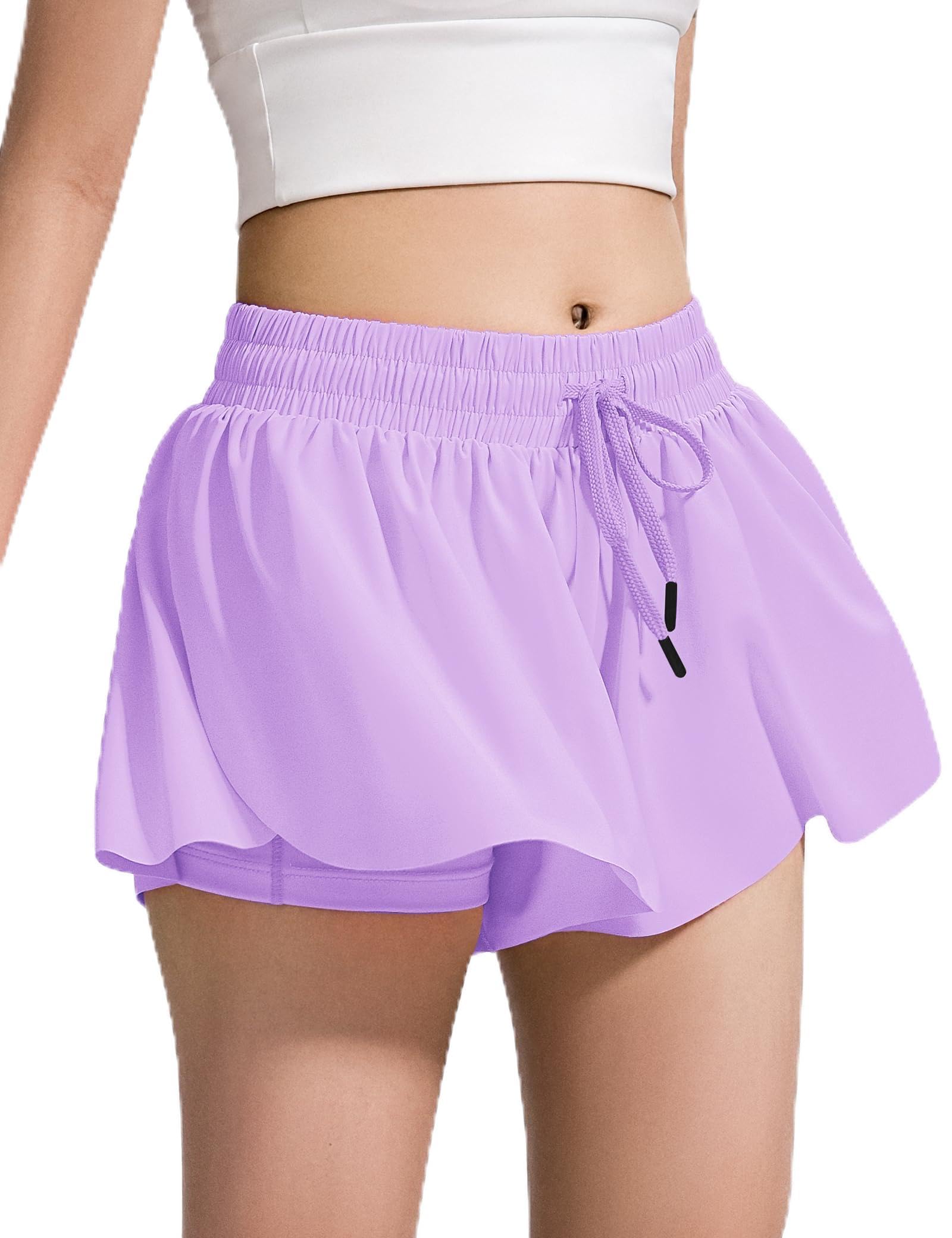 BOOPH Girls Flowy Shorts Kids Athletic Butterfly Shorts with Pockets 2-in-1