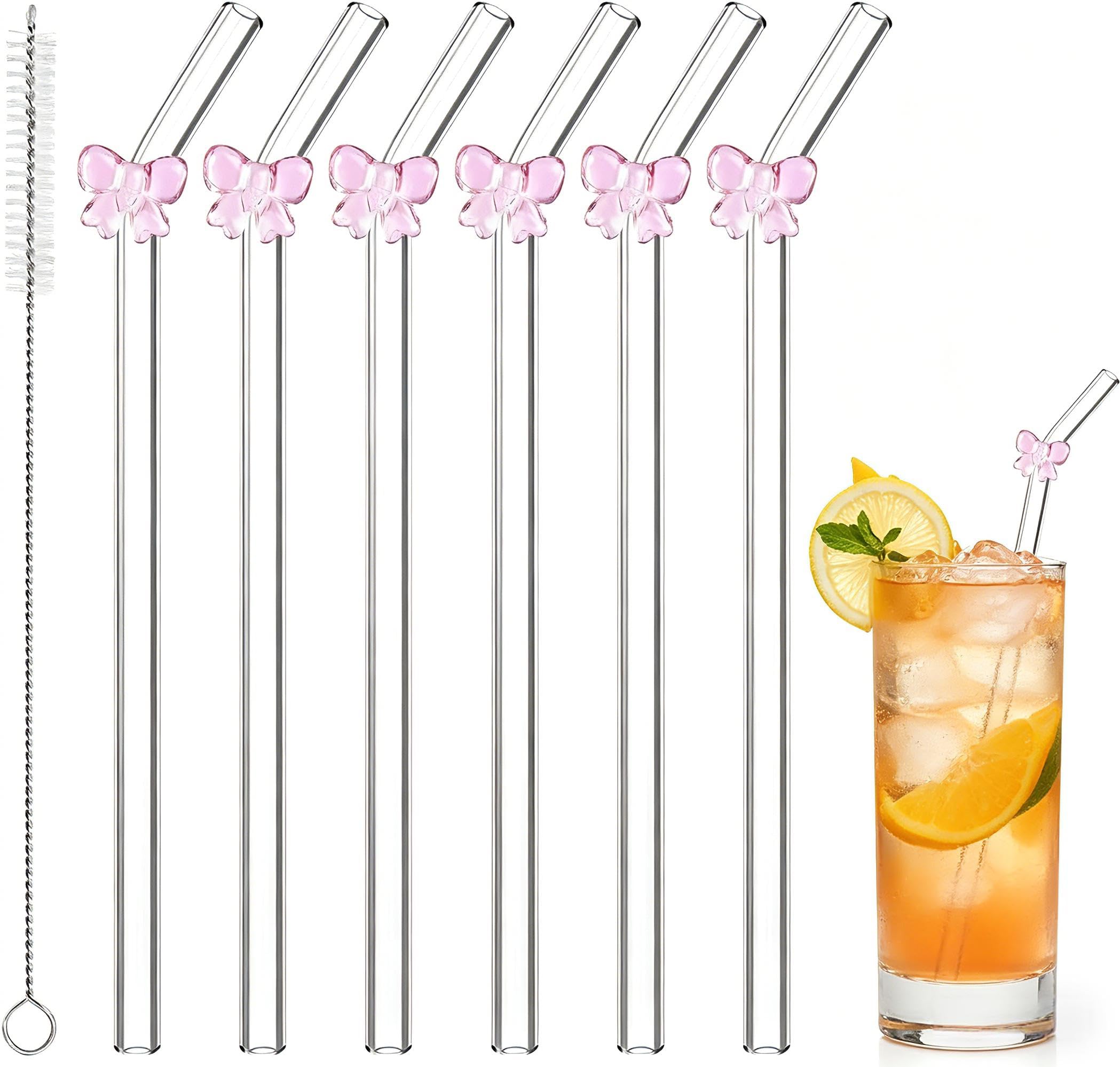 6 Pcs Glass Straws Drinking,20cm Curved Reusable Glass Straws Drinking