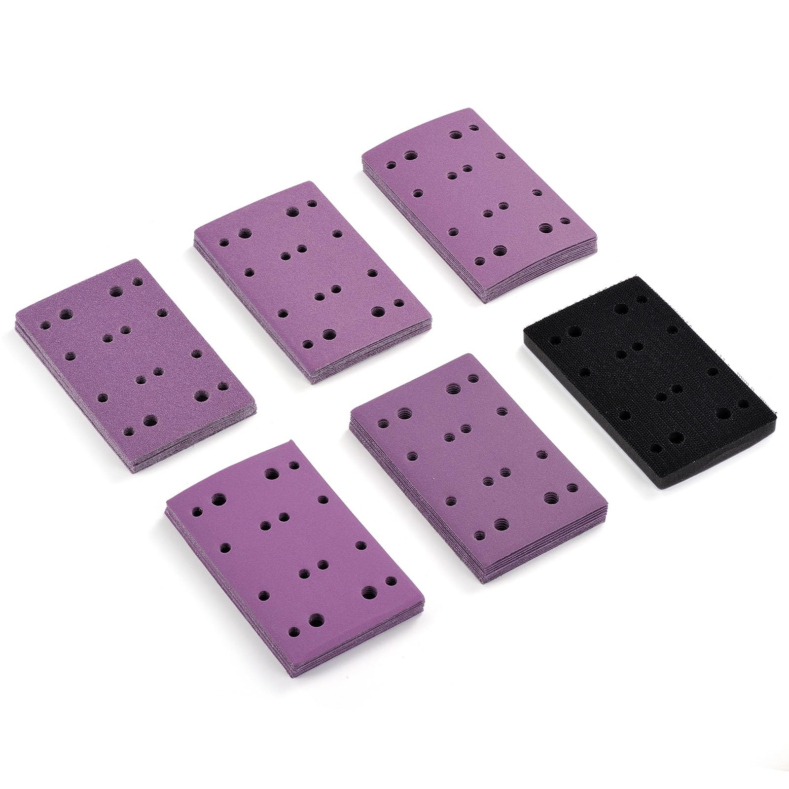 SANJIAN 3" x 5" (80mm x 133mm) Sanding Sheets, for Festool RTS 400 & Mirka Deos 353, Hook & Loop Sandpaper Assortment 80, 120, 180, 240, 320 Grit 10 of Each, with Soft Foam Sanding Pad, 50 Pack