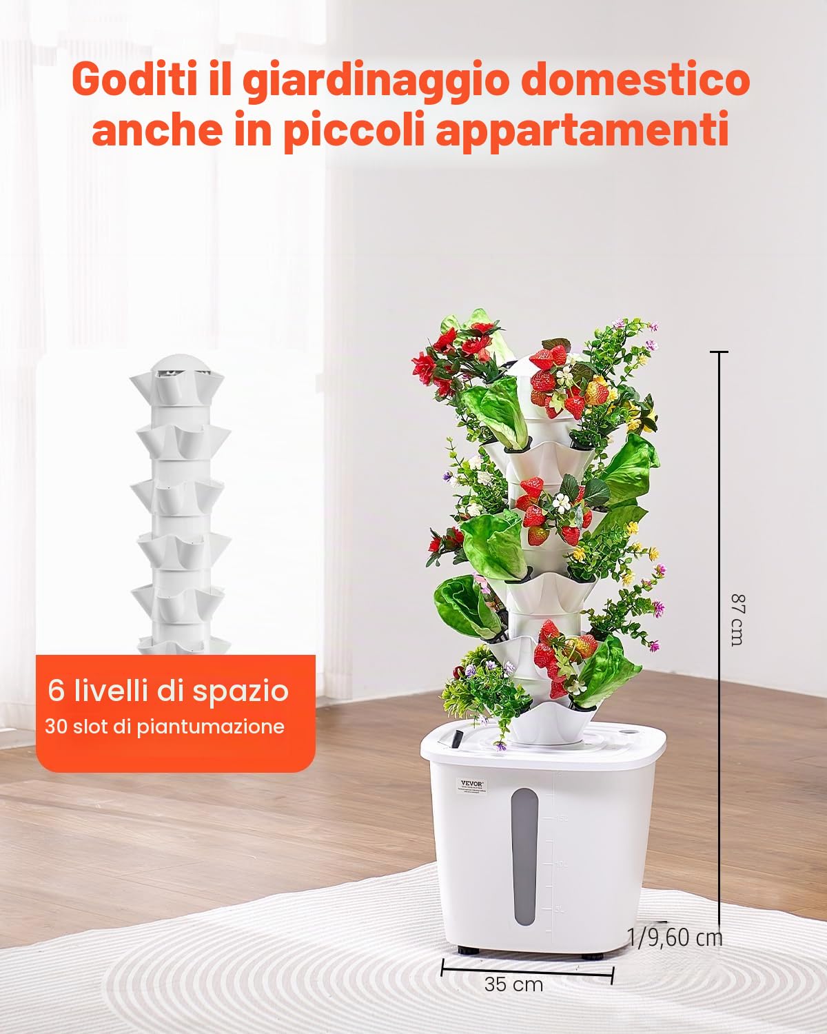 VEVOR Sistema di Coltivazione Idroponica, 30 Baccelli Verticali a 6 Livelli, Torre Idroponica Mobile con Pompa dell'Acqua e Timer, Germinazione Interno, per Erbe Aromatiche Frutta Verdura
