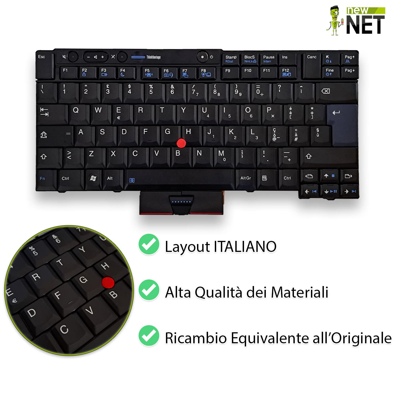 new net - Tastiera Compatibile con Notebook Lenovo ThinkPad T420 4178 4179 4180 4236 4238 [Colore Nero - Trackpoint - Layout ITA]