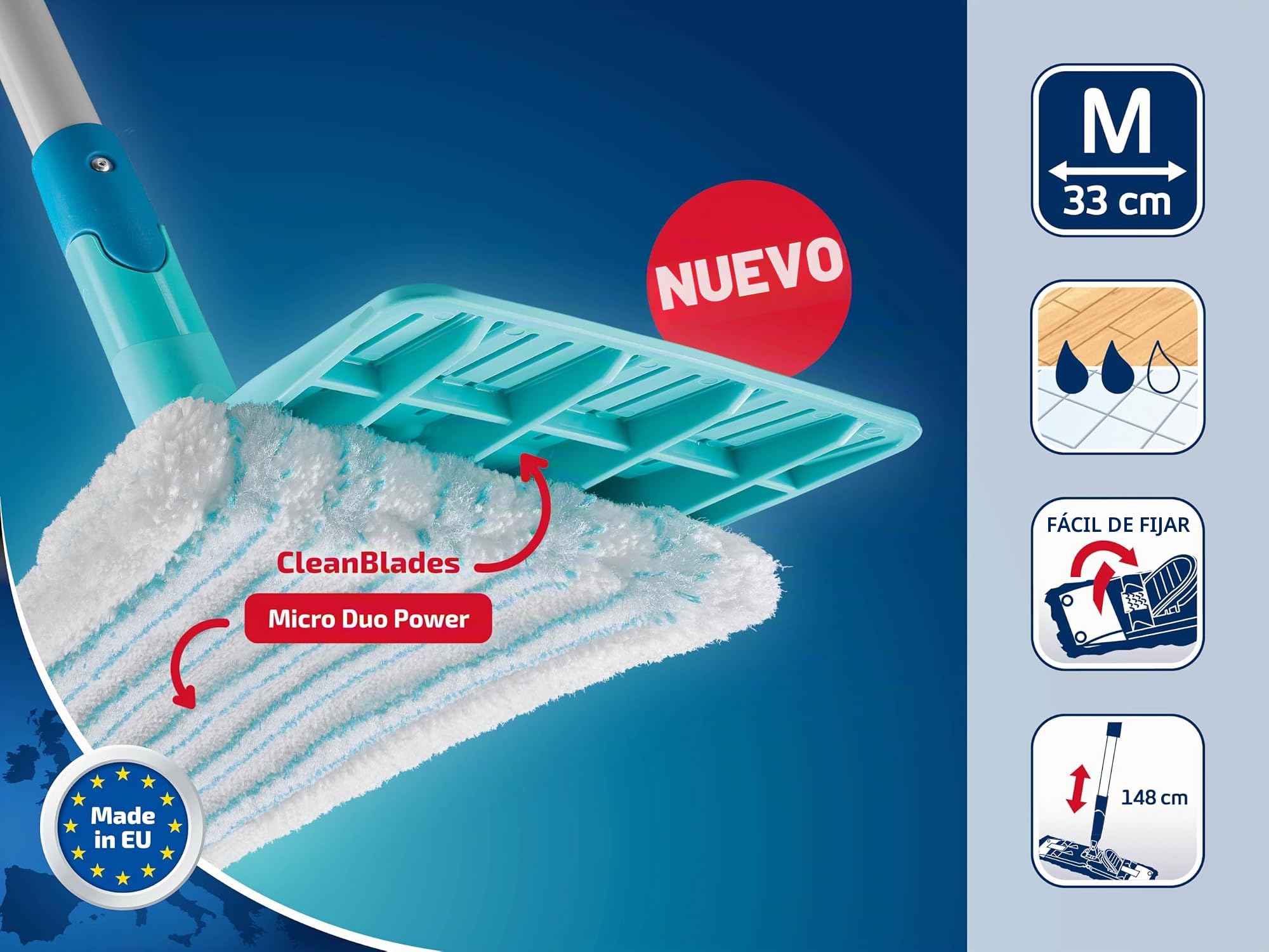 Leifheit Set de Mopa POWER CLEAN, CleanBlade y Escurrido, 33 cm | 2 fundas micro duo, cubo 6/10 L con boquilla, giro 360°, palo 148 cm, para baldosas, tarima y otros suelos duros