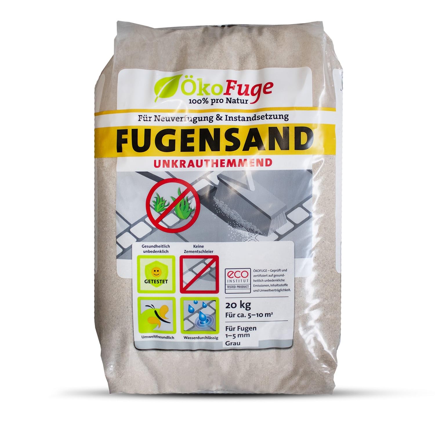 ÖkoFuge Fugensand Grau Einkehrsand Weg Terrasse Pflaster Unkrauthemmend Quarzsand Sand 20kg x 15 Sack 300kg / 1 Palette