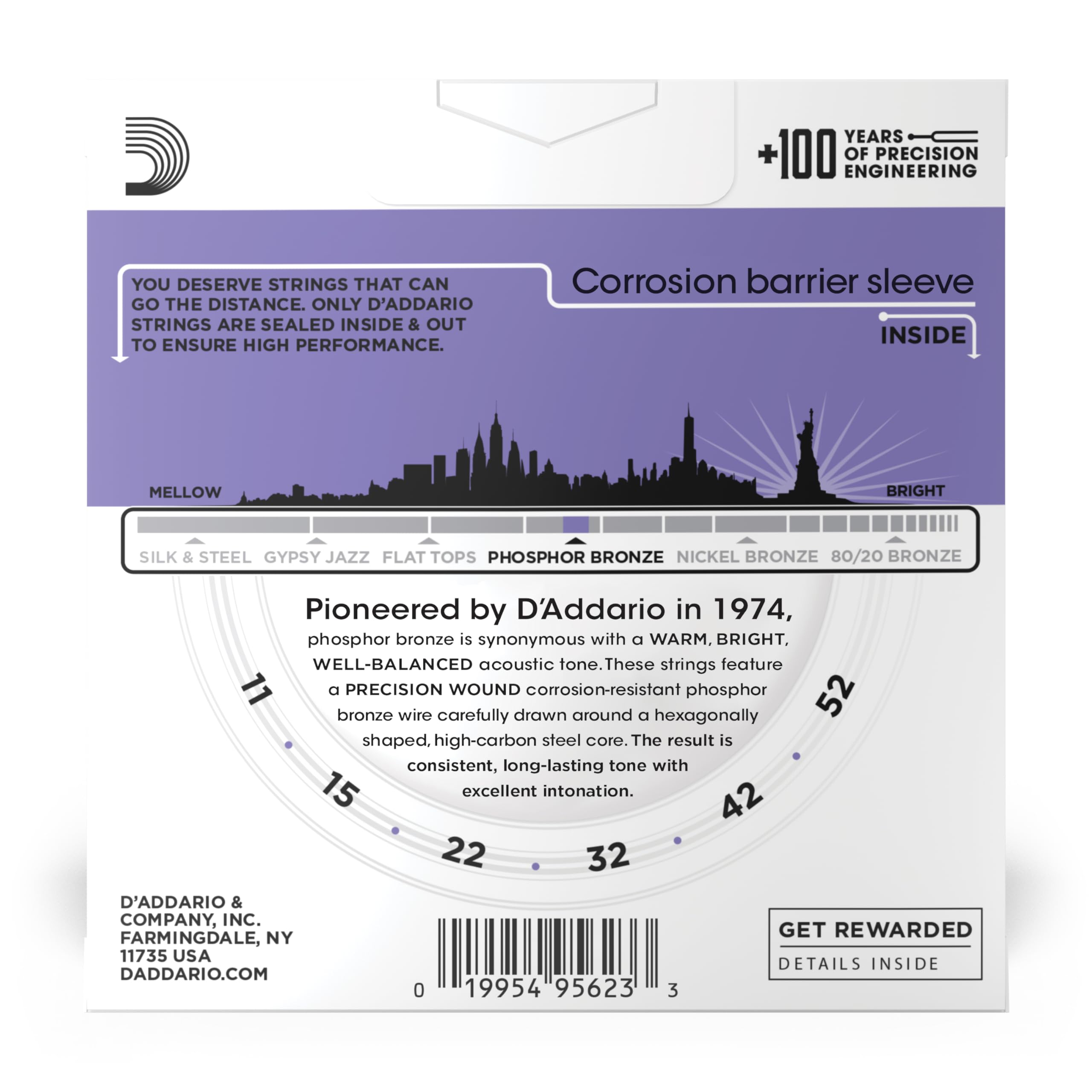 D'Addario EJ26-5P Cuerdas Guitarra Acústica Bronce 11-52, 5 Juegos | Cuerdas de guitarra acústica de bronce fosforado con tono cálido y brillante, entonación fiable y gran durabilidad.