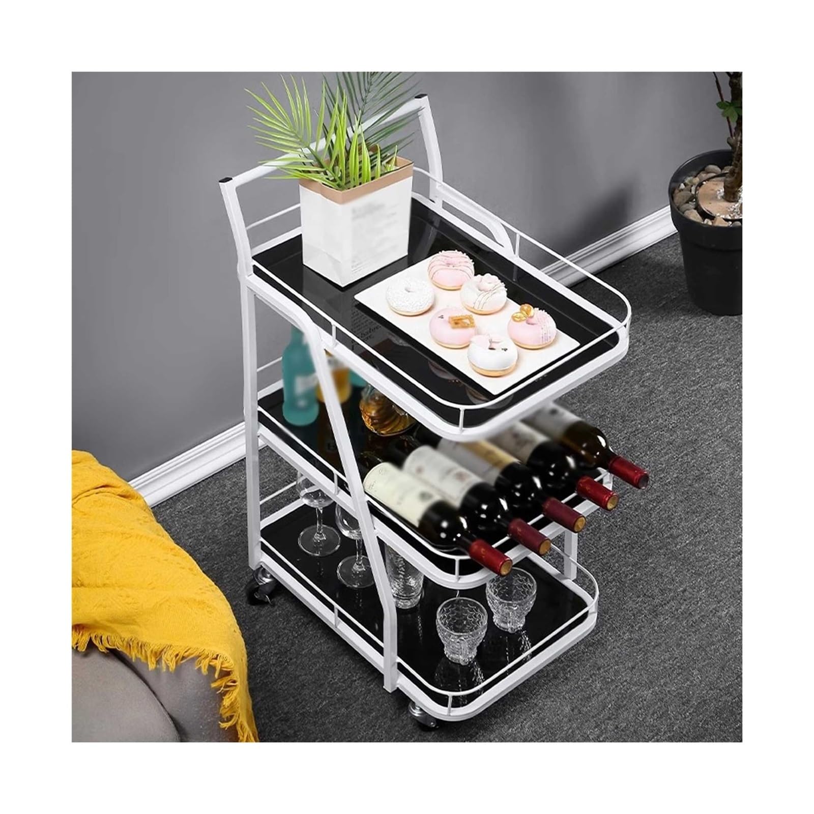 Fzl02068lm Black Serving Trolleys Bar Cart, Home Serving, 3 Tiers Wine For Kitchen, Dining Room, White Organization(Black)
