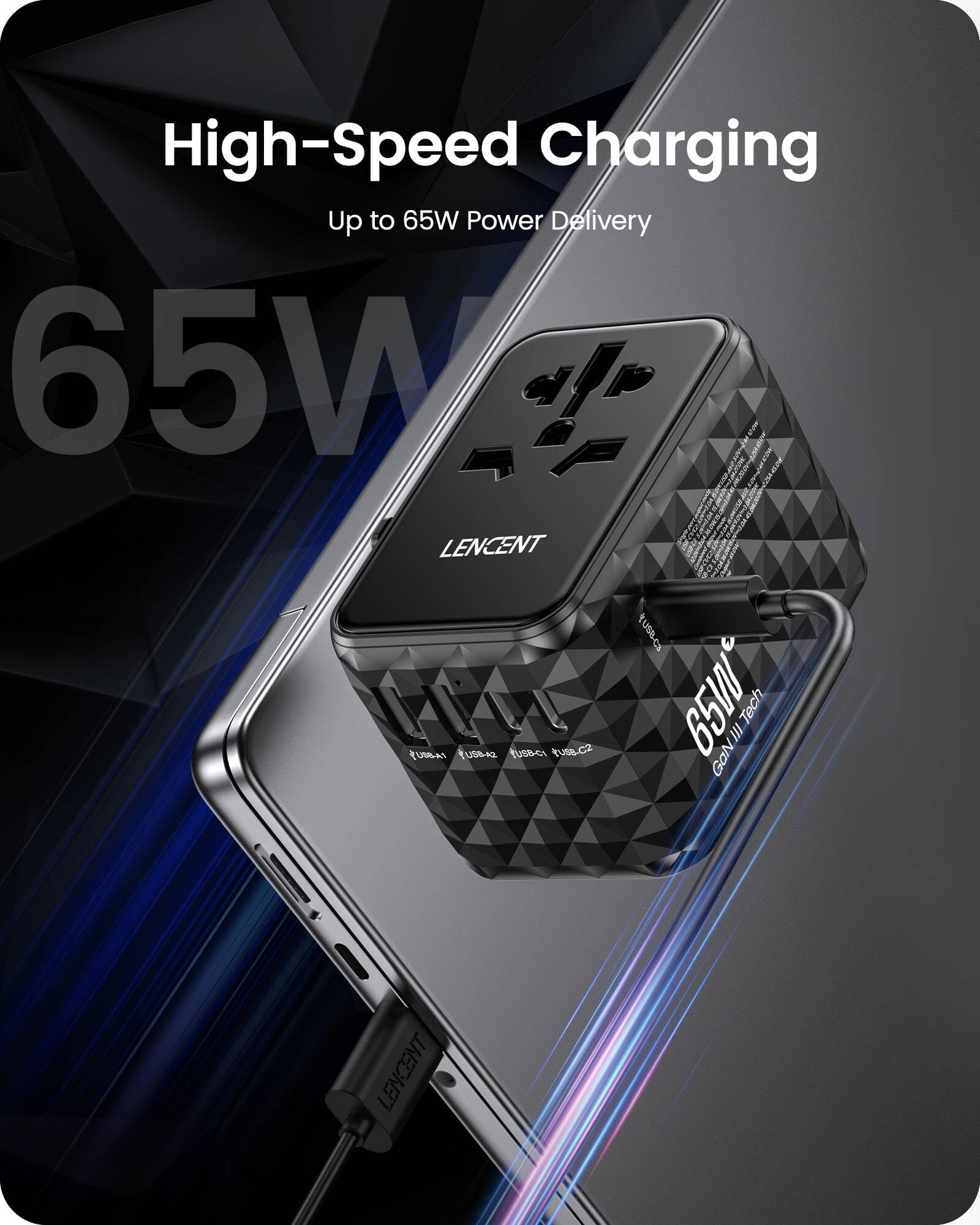 LENCENT Adaptador de Viaje Internacional 65W, Adaptador Universal con 2 USB-A y 3 USB-C, Adaptador Enchufe Carga Rápida para Phone, Teléfono, Ordenadores Portátiles, para EE.UU./UK/EU/AUS, Negro