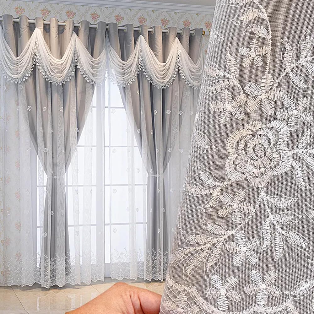 Amidoudou 1 Pair Simple Double Layer Curtains for Living Room Luxury Floral Embroidered Curtains with Wavy Valance (Grey,66 x 90 Inch)