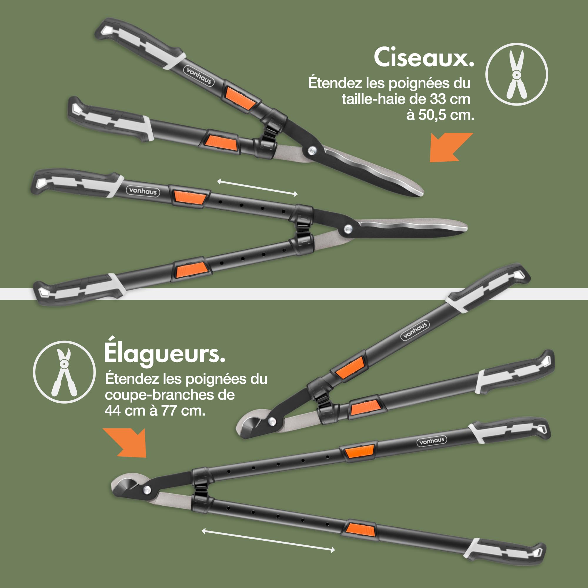 VonHaus Lot de 3 Cisailles de Jardin – Coupe-Branches, Taille-Haie, Sécateur – Poignées Télescopiques Extensibles – Prise Douce – Outils Légers