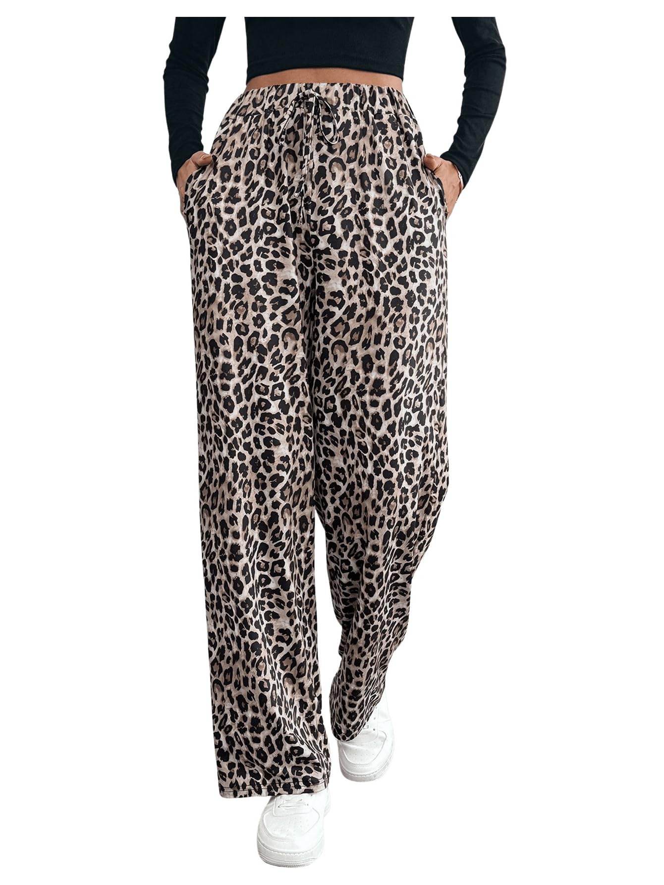 GORGLITTER Pantaloni lunghi da donna, a gamba larga, con stampa leopardata, in tessuto, con tasche, a vita alta, elasticizzati, pantaloni dritti