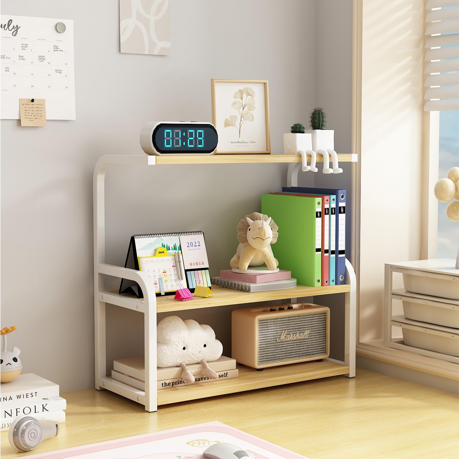 Estante organizador vertical de escritorio de oficina, estante organizador de estanterías, estantes de cocina, oficina, sala de estar, estantería de escritorio (blanco + nogal, 53 cm)