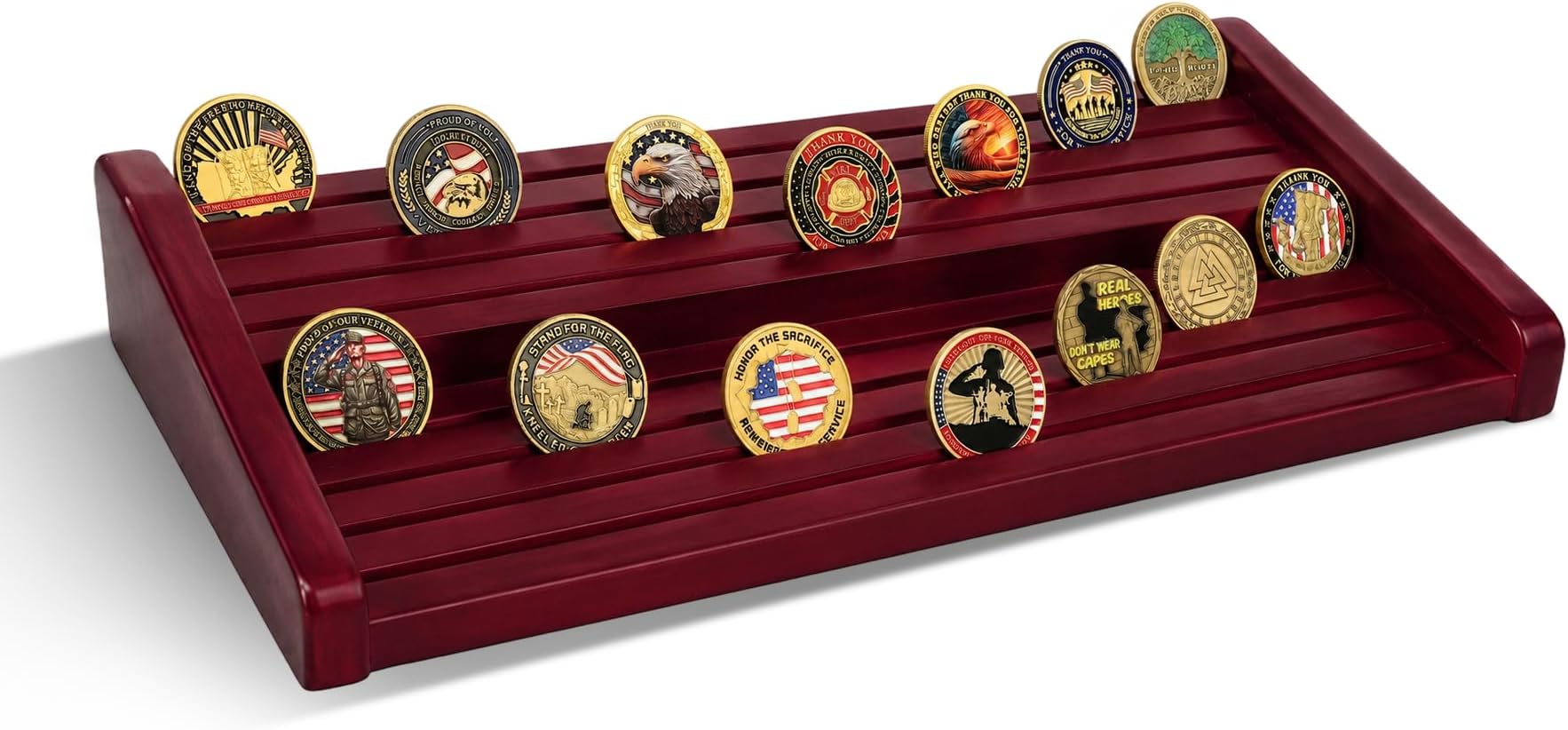 ASmileIndeep 8 Rows Military Challenge Coin Display Stand - Holds 60-70 Coins, Solid Wood Army Police Coin Rack Display Holder for Desktop, Mahogany
