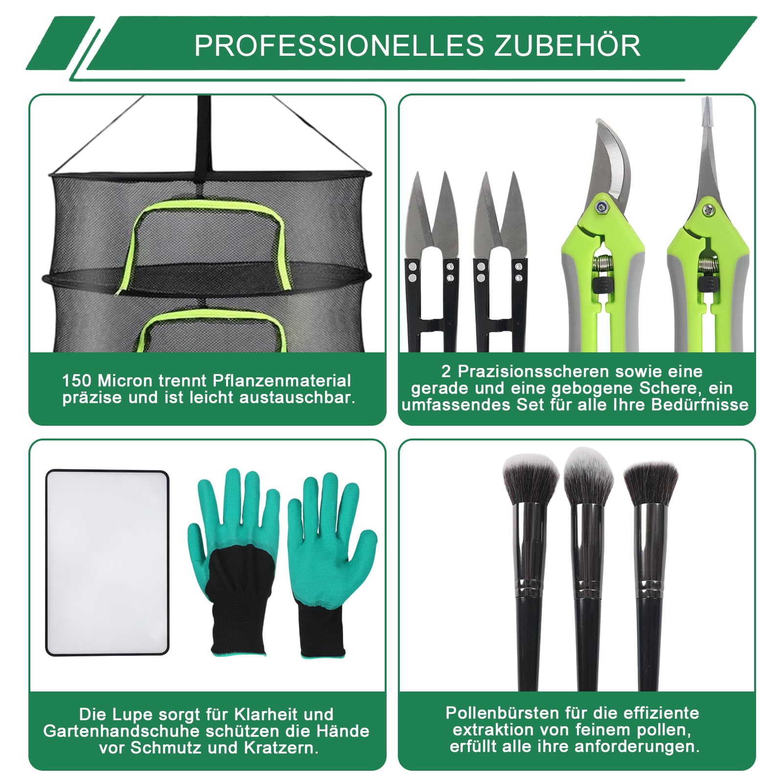 Premium Trim Bin Set, 150 Micron Pollensieb, TrimmSchale Trim Tray mit 2 Ergonomische Trim Tray, 4 Trimmscheren, Bürste, Lupe, Grow Zubehör zum Trockensieben und Sammeln