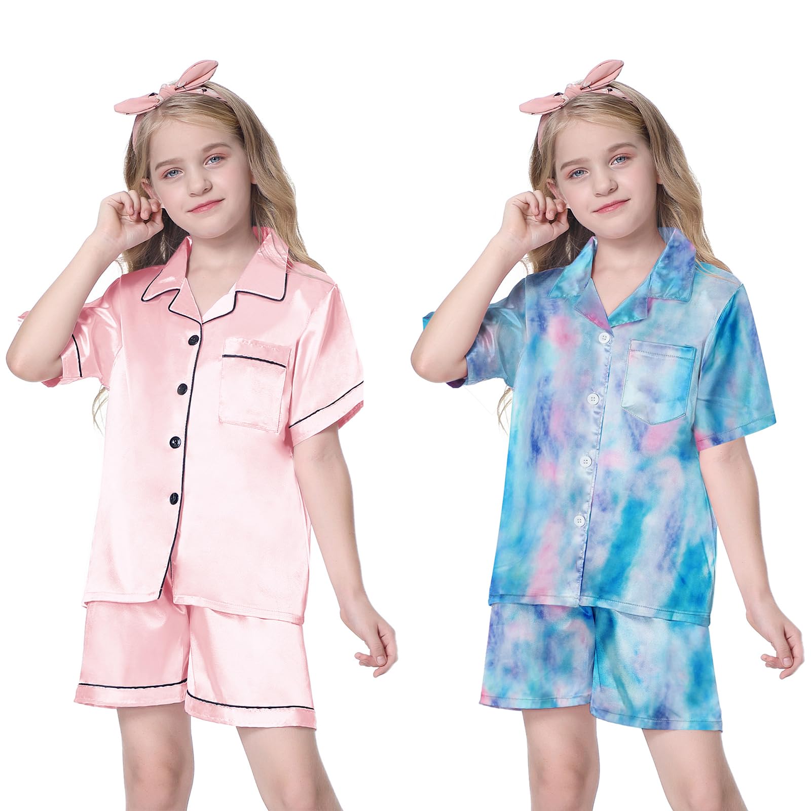 Schbbbta Women's Satin Pajama Set - Short Sleeve Button-Down Top & Elastic Waist Shorts (Hot Pink, Small)