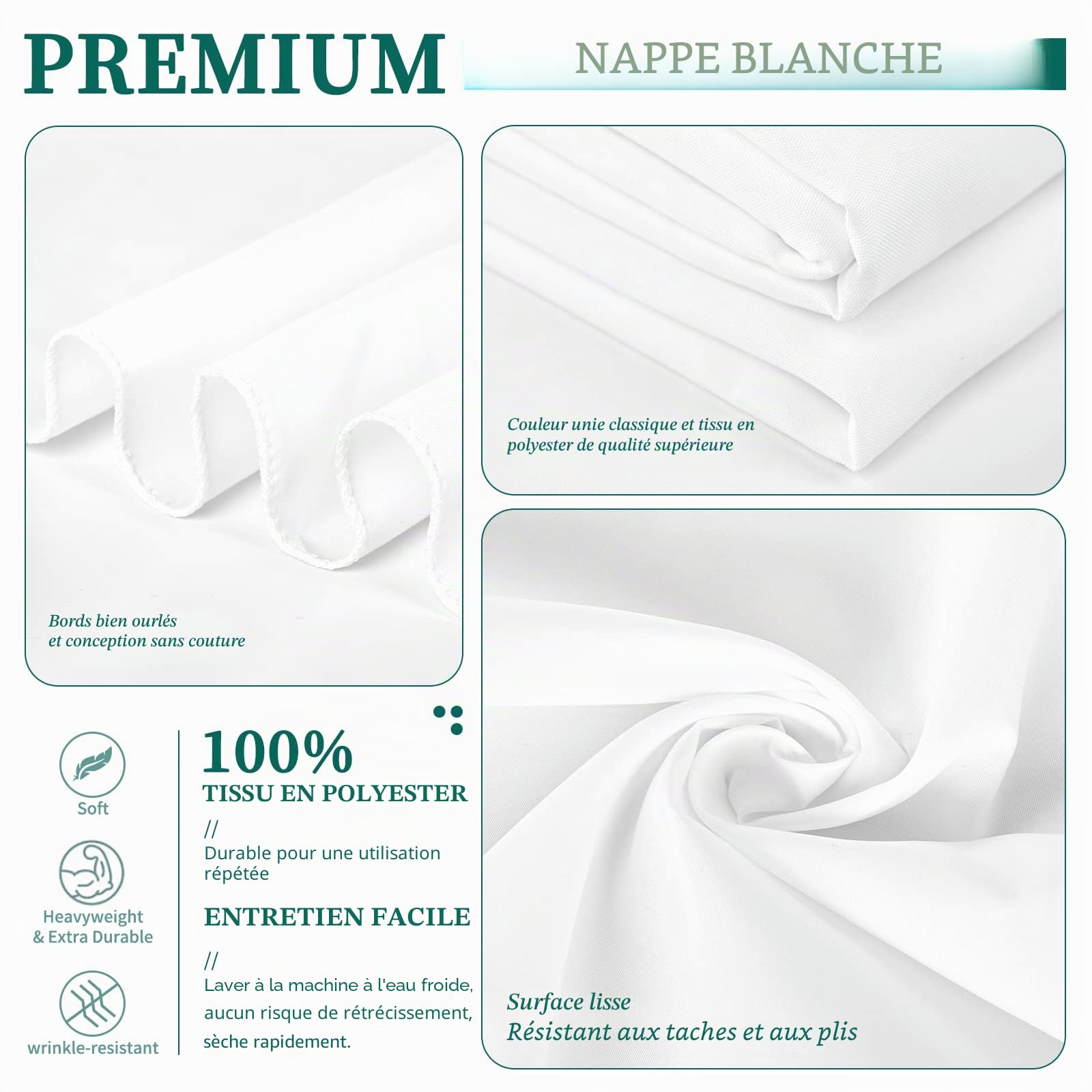 Showgeous Lot de 6 Nappes Rectangulaires 153x320cm en Coton Blanc, Housses de Table Lavables pour Mariage, Banquet, Restaurant