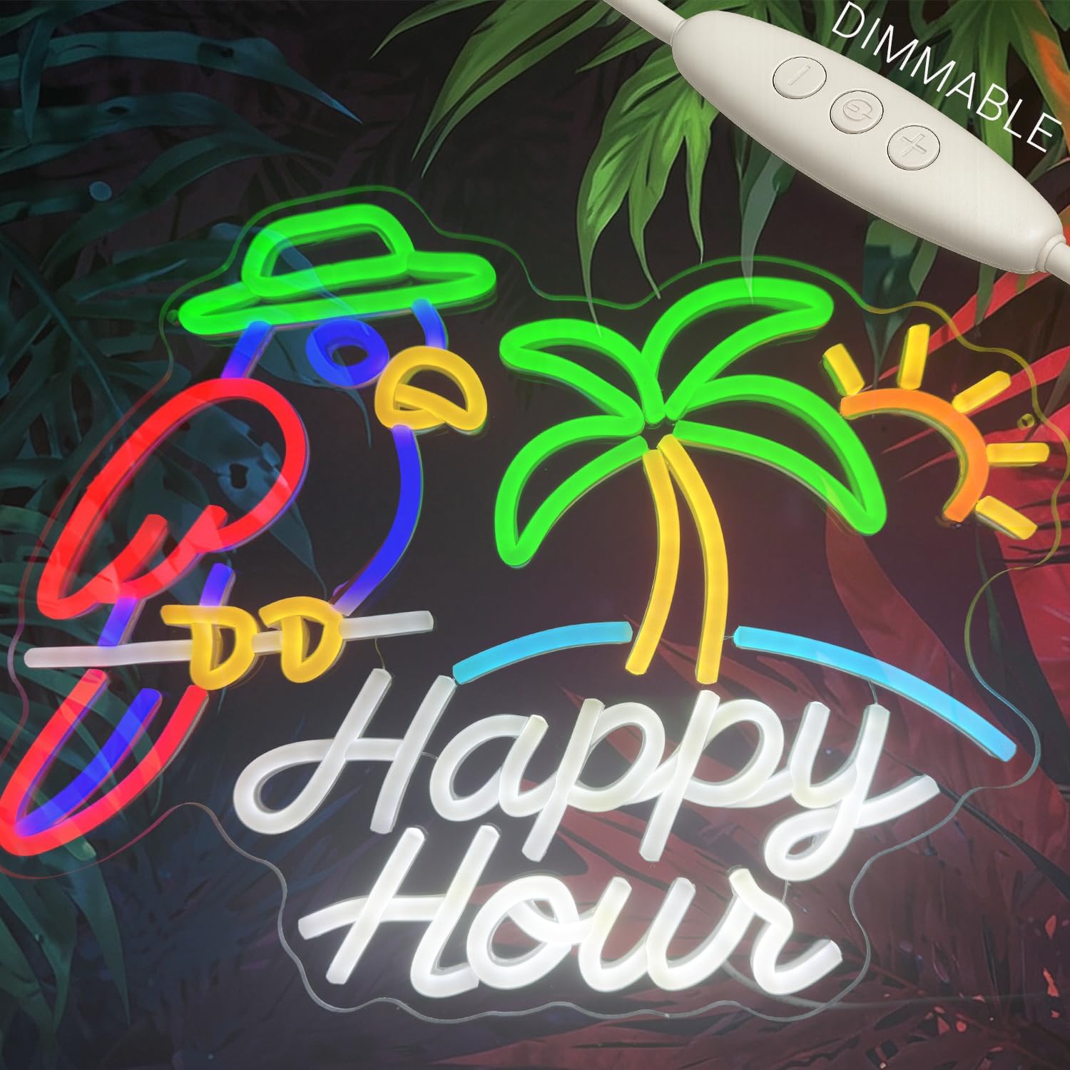 Happy Hour Dimmable Neon Sign 15.7”×12.6” with Parrot, Palm Tree & Sun, Tropical LED Wall Light for Tiki Bar, Home Bar, Beach Party Decor, USB Powered - Image 7