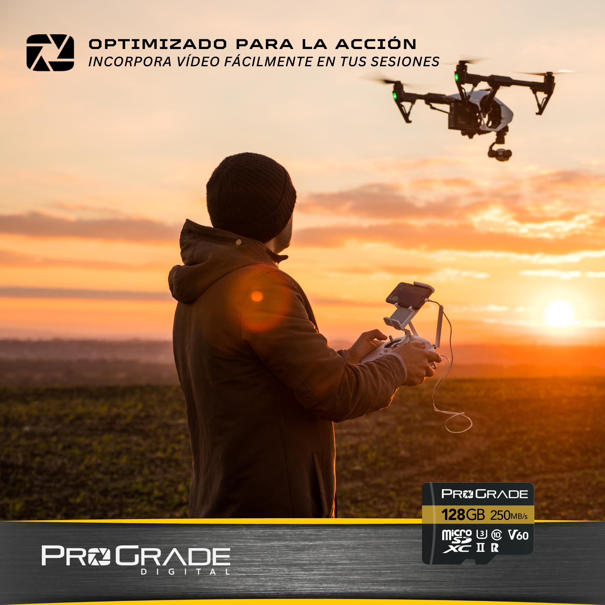 Tarjeta microSD V60 (128 GB), Probada para Dispositivos de Tarjetas SD de tamaño Completo, hasta 250 MB/s de Lectura, 130 MB/s de Escritura. ProGrade Digital