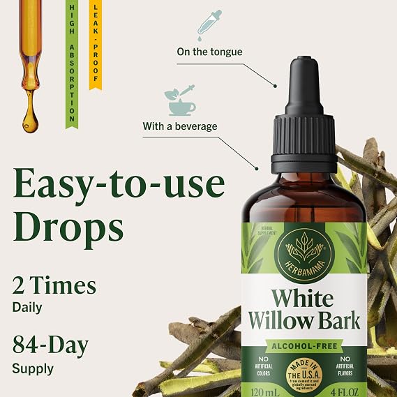 HERBAMAMA White Willow Bark Tincture - Vegan Overall Support with White Willow Bark Extract Drops - Non-GMO, Alcohol & Sugar-Free Liquid Antioxidant Supplement, 84-Day Supply