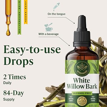 HERBAMAMA White Willow Bark Tincture - Vegan Overall Support with White Willow Bark Extract Drops - Non-GMO, Alcohol & Sugar-Free Liquid Antioxidant Supplement, 84-Day Supply