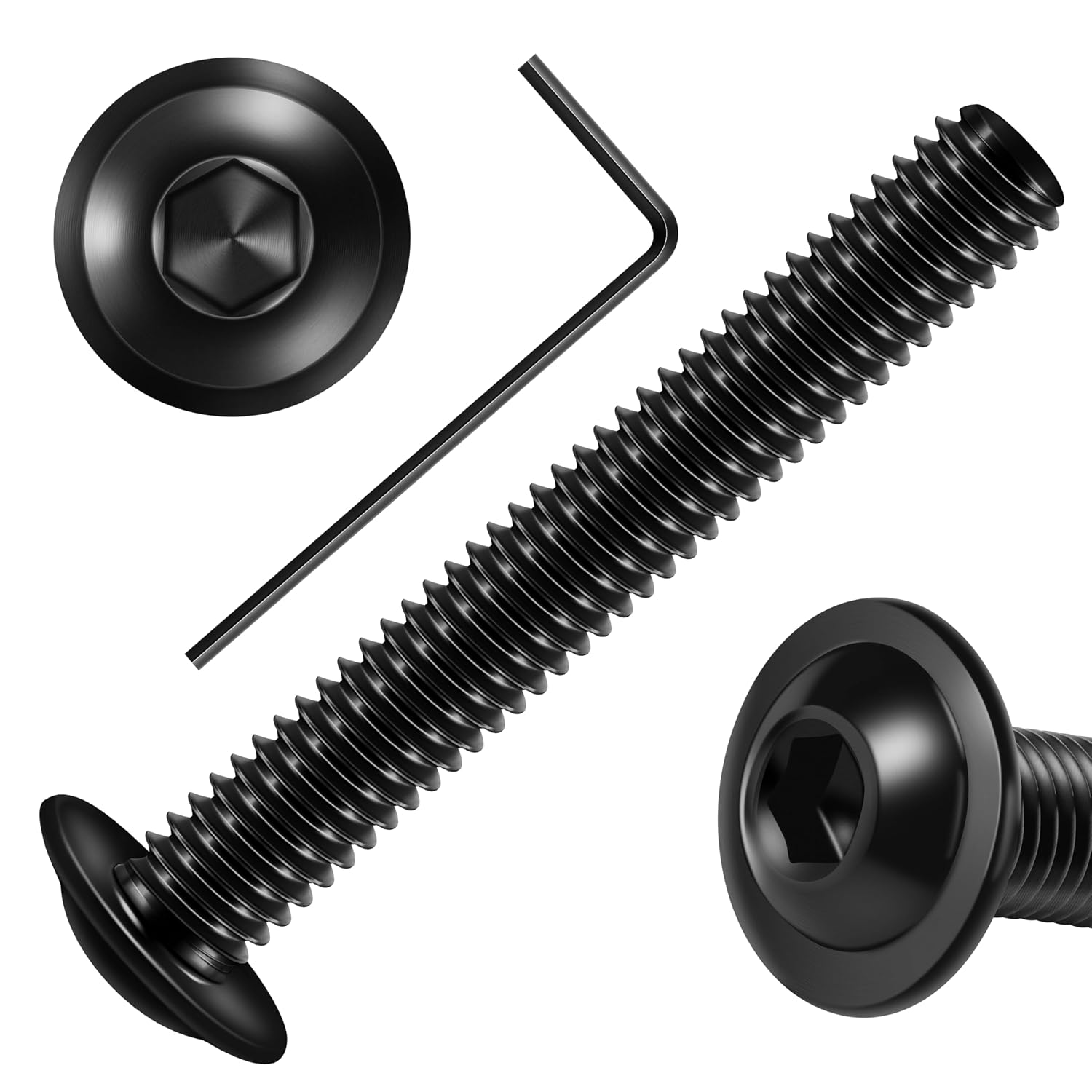 Mywish M6 x 40mm 25Pcs Flange Button Head Hex Socket Cap Screws Bolts, 304 Stainless Steel Furniture M6x1.0 Bolts Full Thread, Black Oxide & Hex Spanner