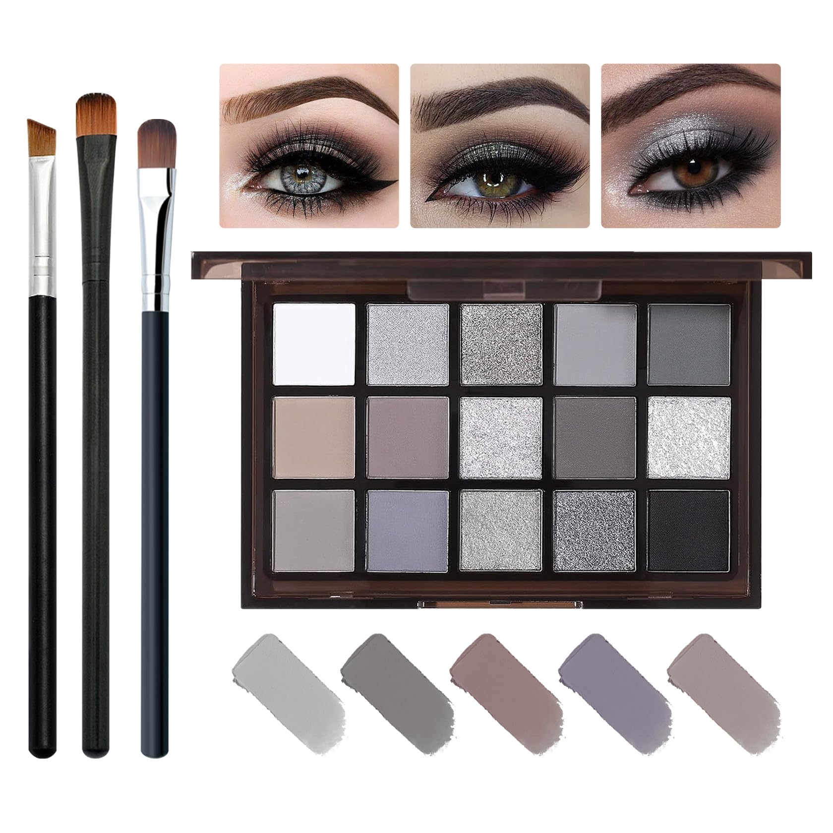 Black Smokey Grey Eyeshadow Palette, 15 Colors Shimmer Matte Eye Shadow Makeup Palette, Colorful Long Lasting High Pigmented Dark Grey Glitter Eyeshadow Palette for Daily,Goth Makeup and Halloween black, grey
