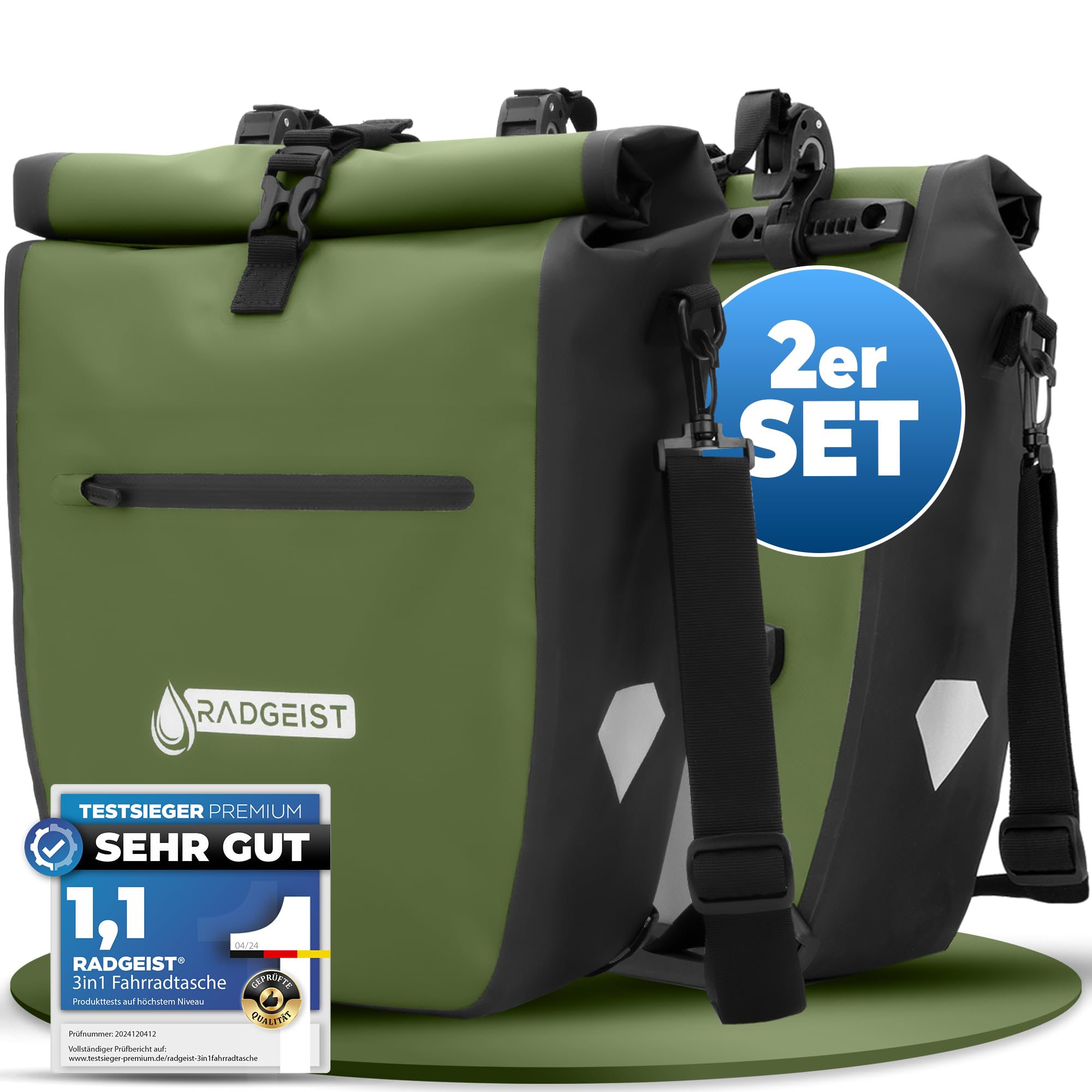 RADGEIST Lot de 2 sacoches de vélo pour porte-bagages, imperméables et à bandoulière, vertes, 20 l