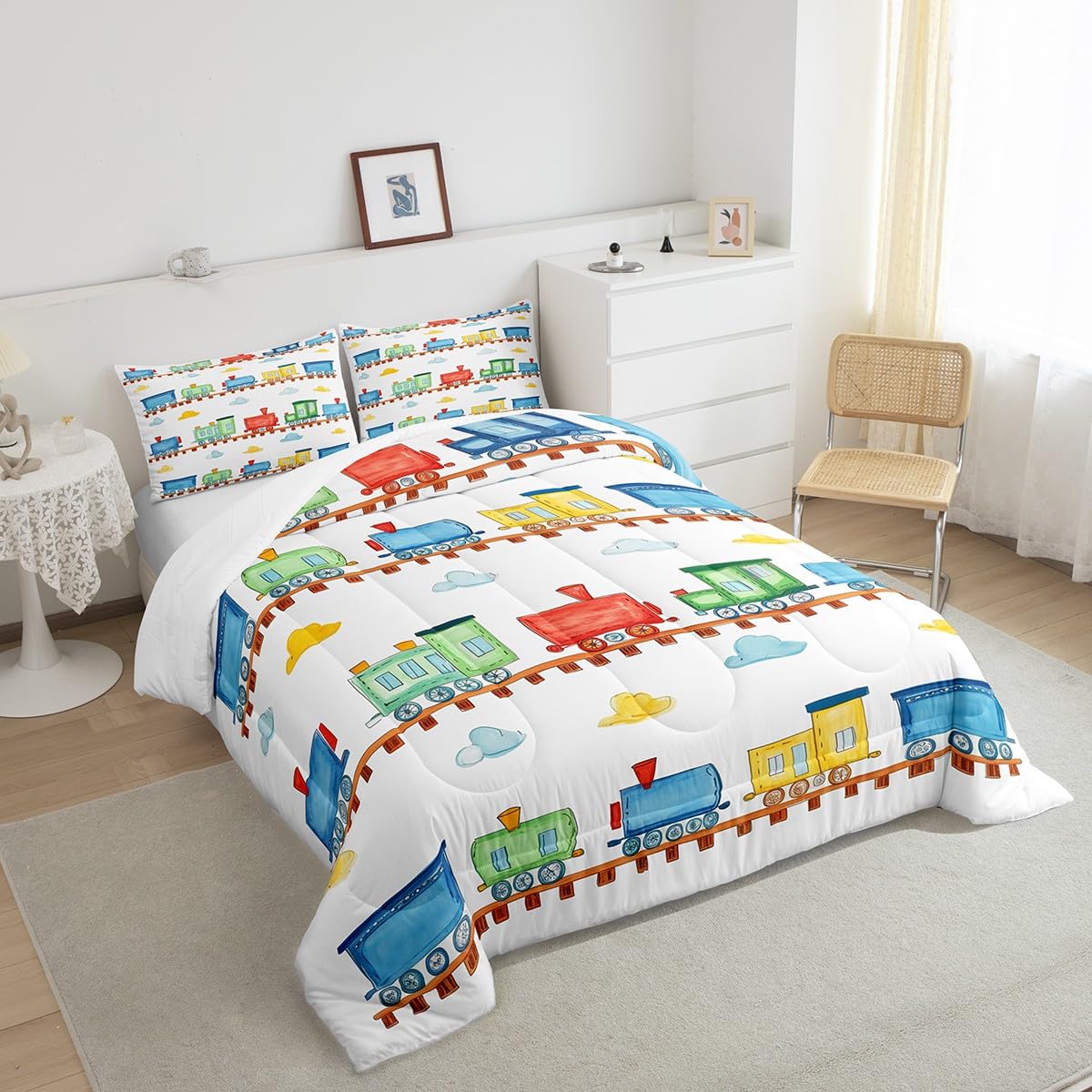 Set di biancheria da letto per bambini con treno a vapore, set di biancheria da letto per ragazzi e ragazze, decorazione per la camera dei bambini, per trasporto ferroviario, piumino con inserto blu e