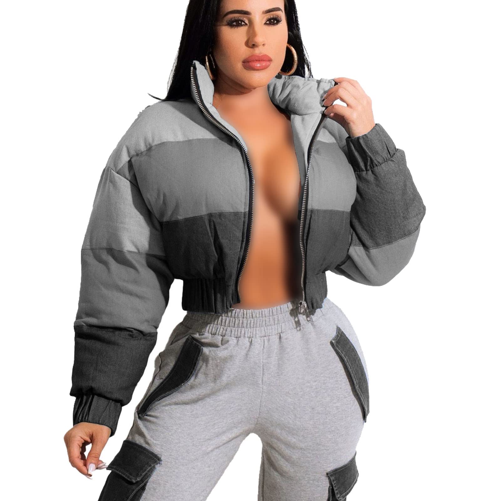 Chaqueta Acolchada Mujer, Mezclilla Chaqueta Corta De Plumas para Esquiar Viajar IR De Compras Calle Vacaciones Invierno O Principios De Primavera (Black Gray XXL)