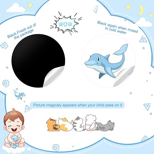 Vista 24 de Geyee 24 calcomanías de entrenamiento para ir al baño, calcomanías reutilizables para orinar en el inodoro, calcomanías reutilizables que cambian