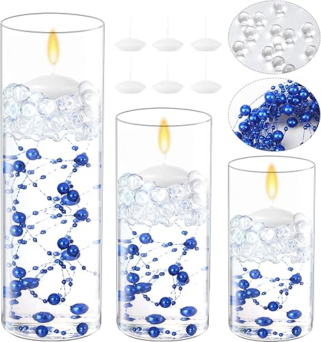 3 piezas de jarrón cilíndrico de cristal con 6 velas de disco flotantes blancas 10000 cuentas de gel de llenado de jarrón de agua 5 cuentas largas