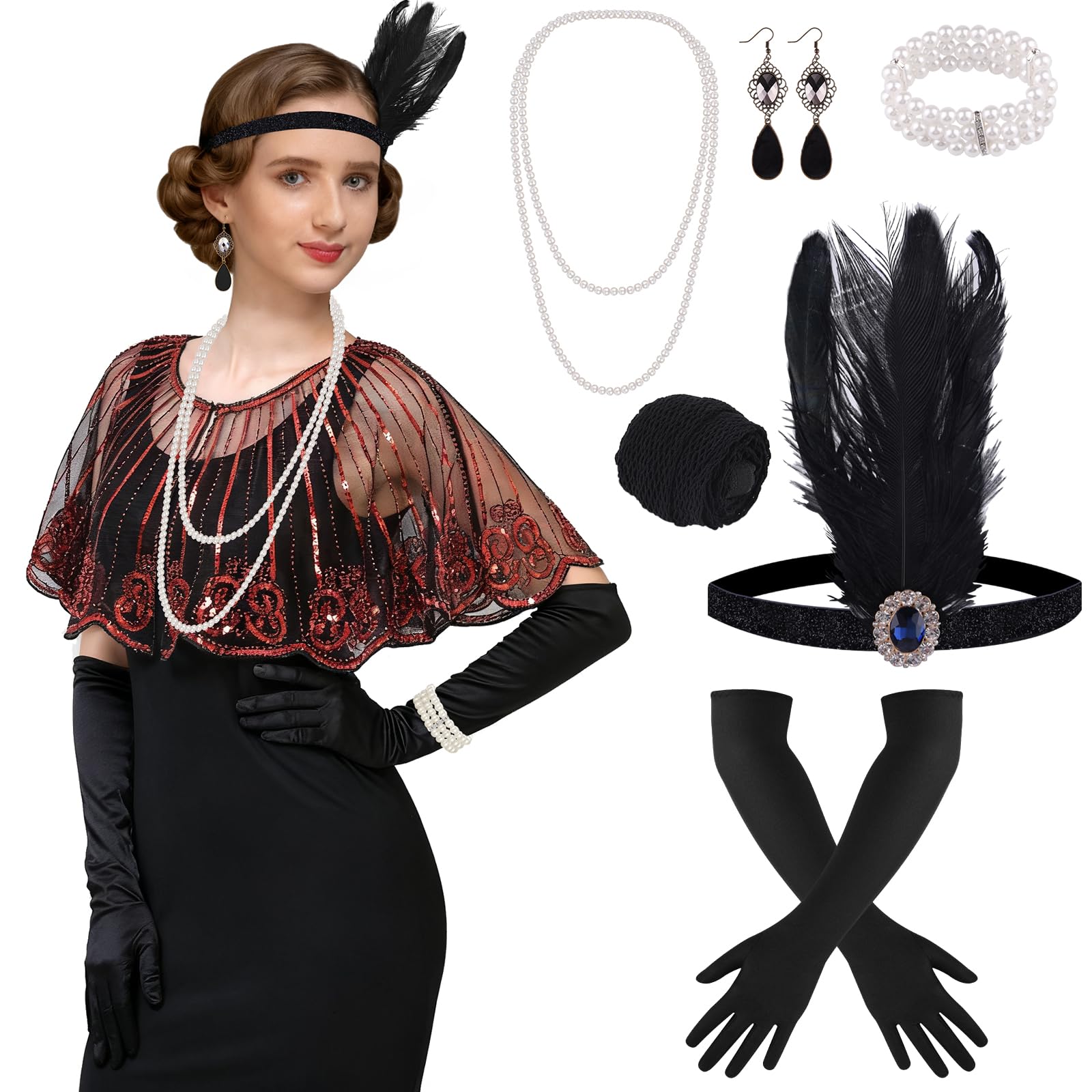 ELECLAND 10 Pieces 1920s Flapper Great Gatsby Accessories Set Fashion Roaring 20's Theme Set including Headband Headpiece Long Black Gloves Necklace Earrings for Women (Red