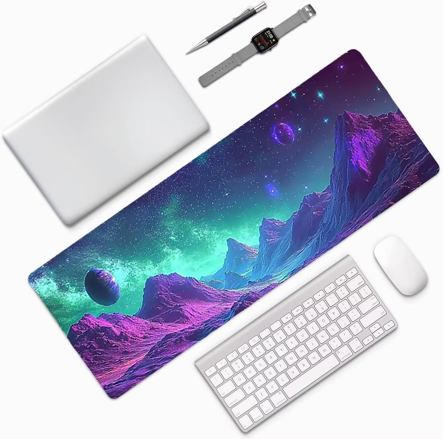 Lpfieonn Universum Schreibtischunterlage XXL, Lila Schreibtischunterlagen Großes, Gaming Mousepad XXL mit ernähter Rand und Rutschfeste Gummibasis, Desk Mat für PC/Laptop/Mausa 120x60cm PF-3332