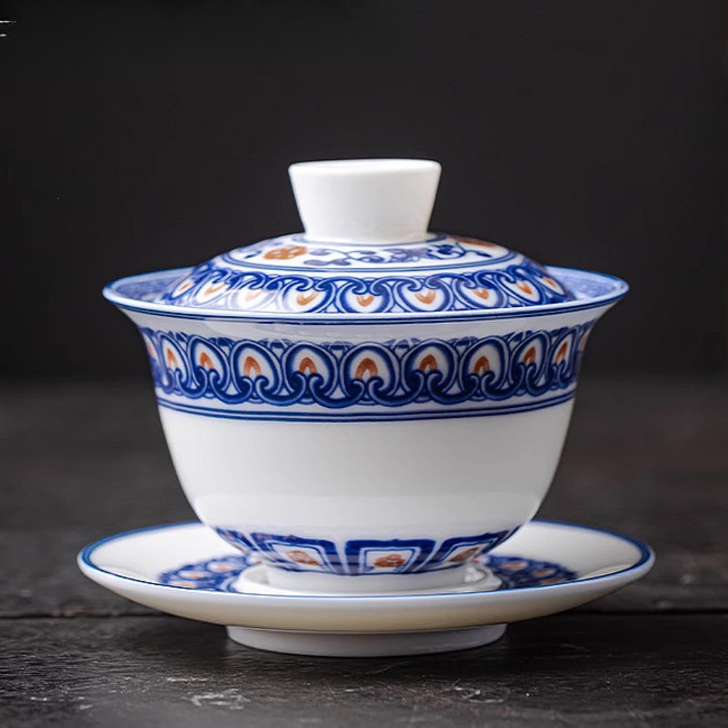 Vintage Traditional Elements Mutton Fat Jade Ceramic Gaiwan, 190ml 6.5oz, Handmade Heat Resistant Kungfu Tea Set