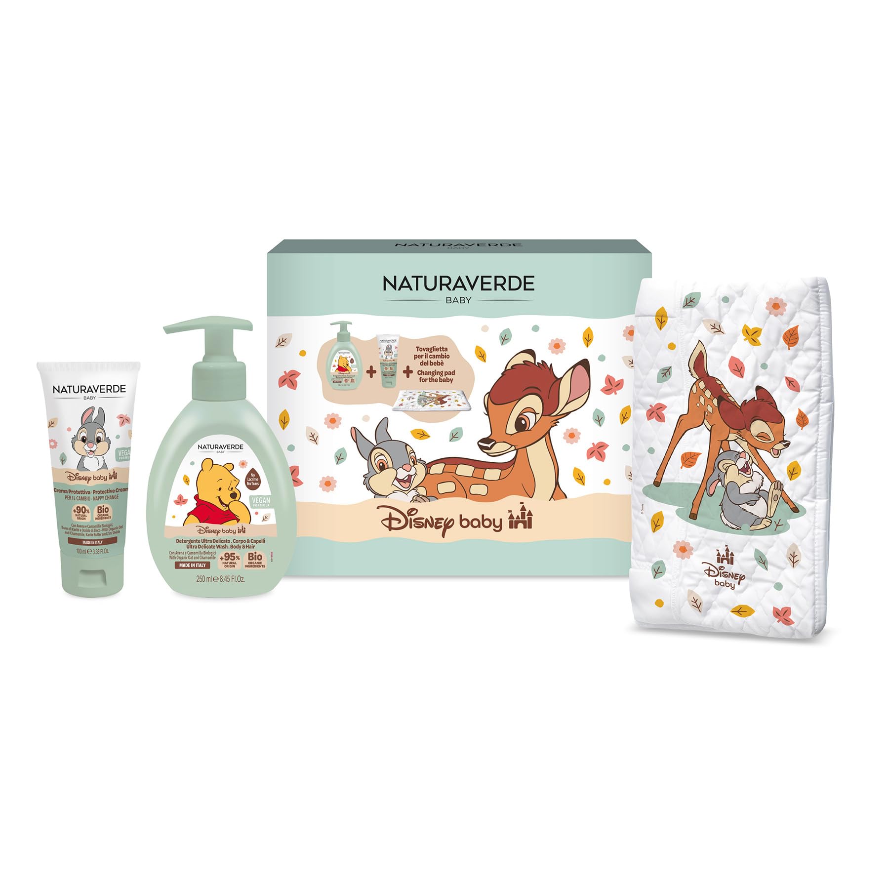 Naturaverde Baby Disney Bambi Changing Pad Gift Set - Detergente Delicato Corpo e Capelli 250ml, Crema Protettiva Cambio 100ml e Tappetino Cambio Pannolino 30x60