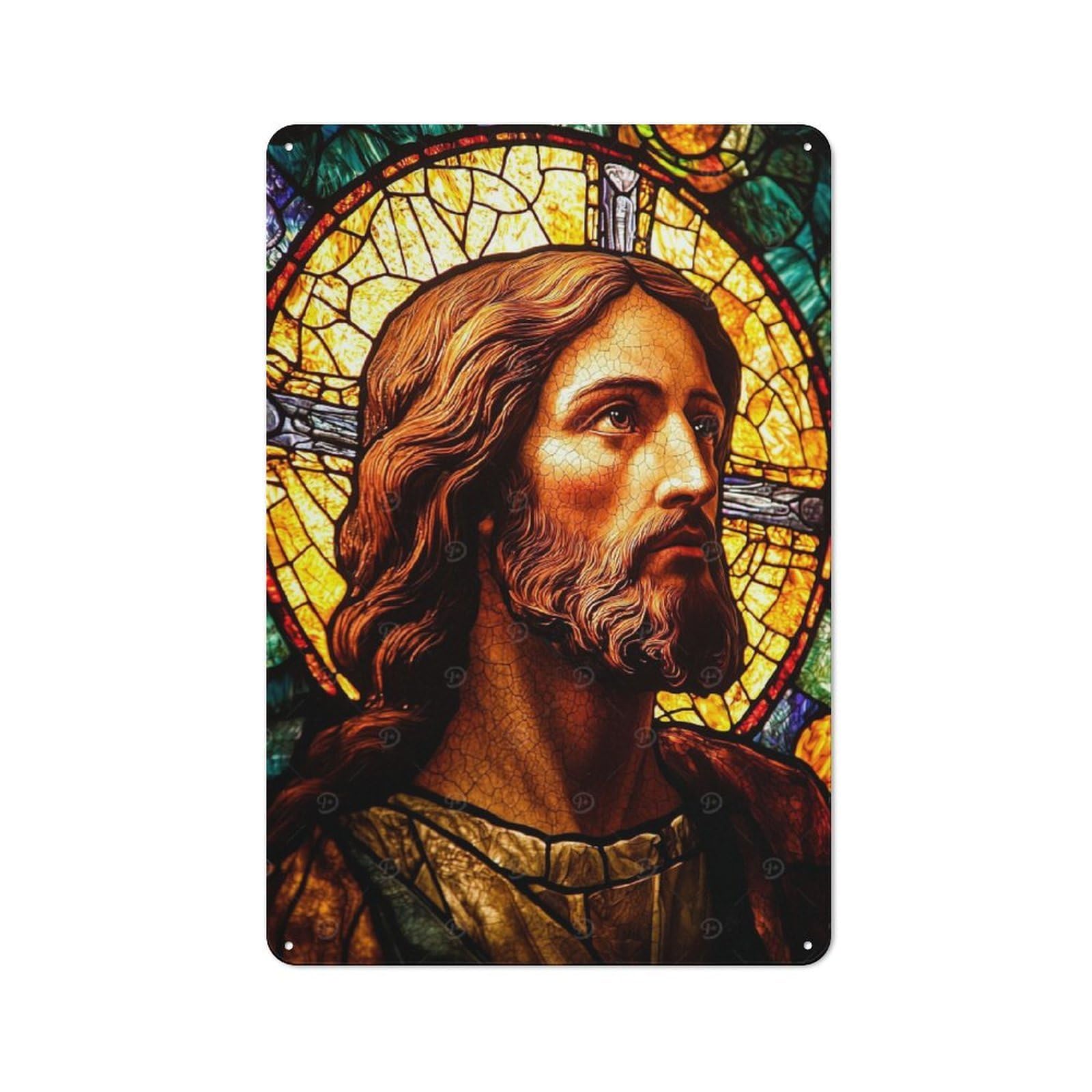 Junmoney Stained Glass Jesus Vintage Tin Sign 30X20cm For Garden Room Or Summerhouse, For A Newly Organised Room And Metal Sign Display