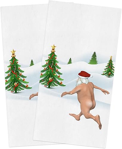 Juego de 2 toallas de cocina y paños de cocina, diseño de árbol de Navidad desnudo con la nieve de Papá Noel, con texto en inglés "Merry Christmas",