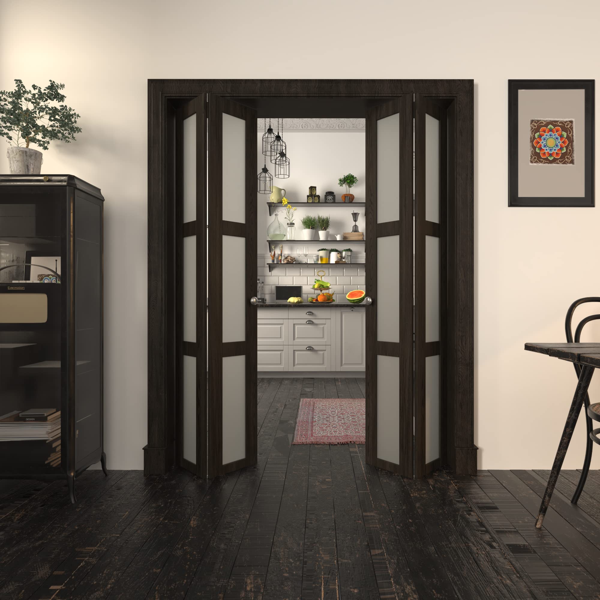 BARNER HOME Bi-Fold Doors, for 60"x 80" (Double 30" x 80" Doors) Opening, 3-lite Tempered Frosted Glass Panel, MDF, Ancient Wood Color