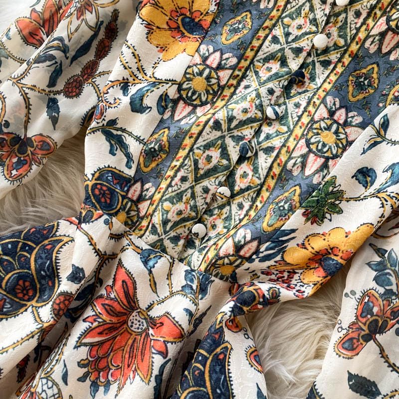 MAICOSY Vintage Floral Long Sleeve Mini Dress, High Neck, French Country Style, Blue and Orange Pattern3