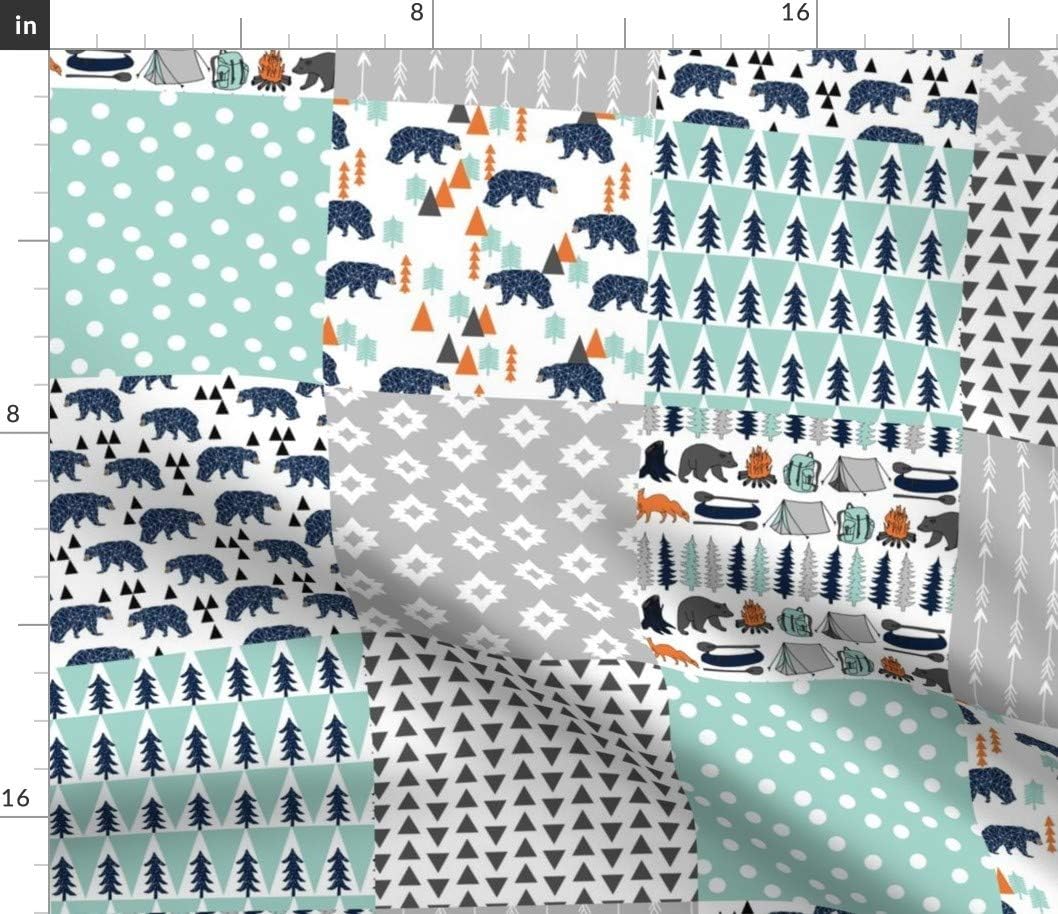 Spoonflower Fabric - Camping Wholecloth Squares Mint Navy Blue Boys Room Nursery Quilt Printed on Petal Signature Cotton Fabric by The Yard - Sewing Quilting Apparel Crafts Decor