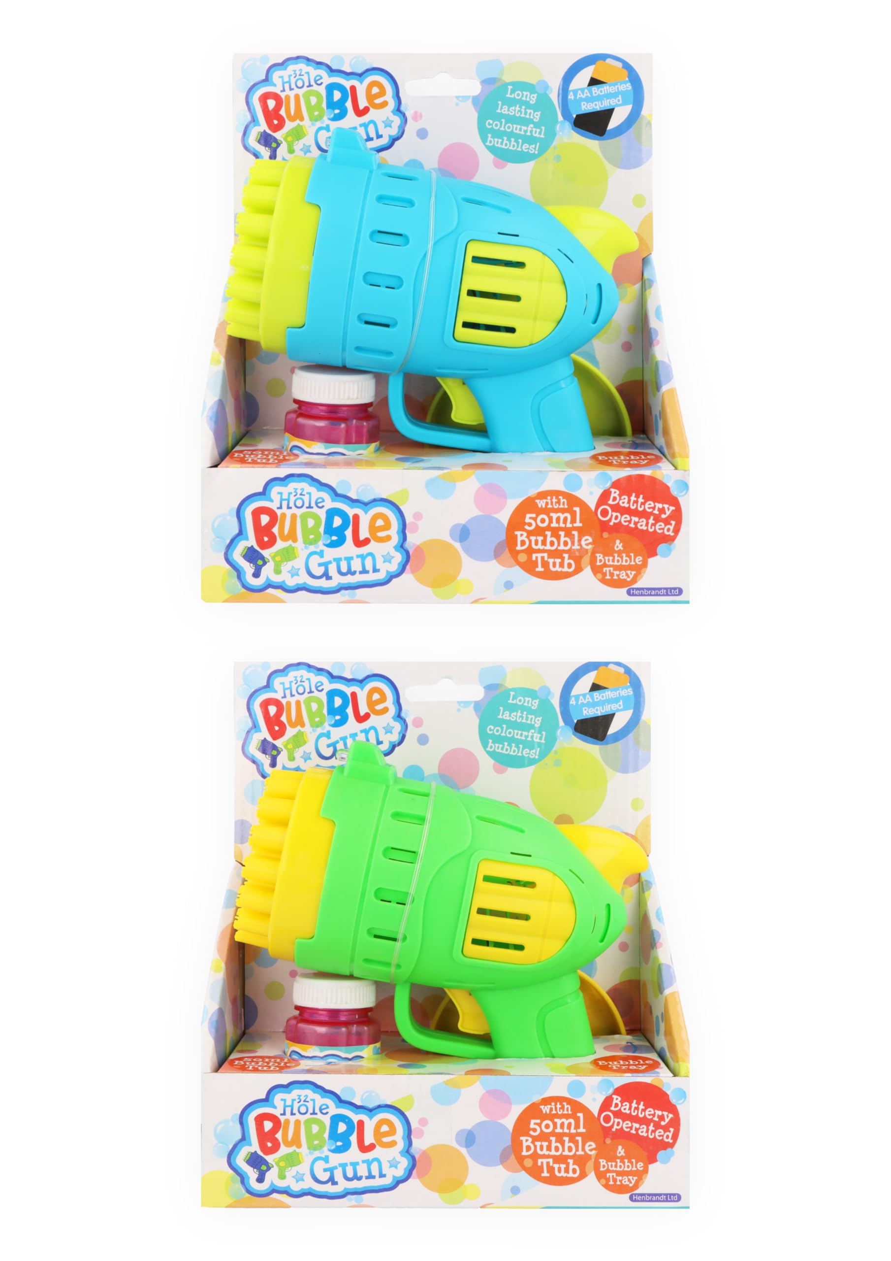 Henbrandt 1 x Hole Bubble Gun Battery Operated 32 Hole Blower - Assorted Colours with 50ml Bubble Tub Dish Outdoor Garden Toy