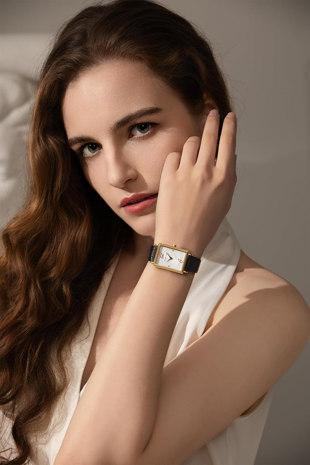 GOLDEN MAPLE Elegant Watches for Women, Swiss Quartz Movement Watch with Two Diamond Markers, Gold Rectangular Stainless Steel Case, Mesh or Leather Band