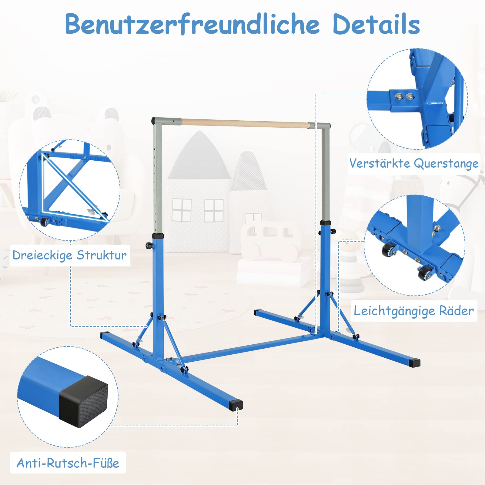 COSTWAY Gymnastik Turnreck klappbar, Turnreck 90-150cm höhenverstellbar, Reckstange mit Rollen, tragbarer Turnstangen bis 100kg belastbar, Reckanlage, Trainingsgeräte
