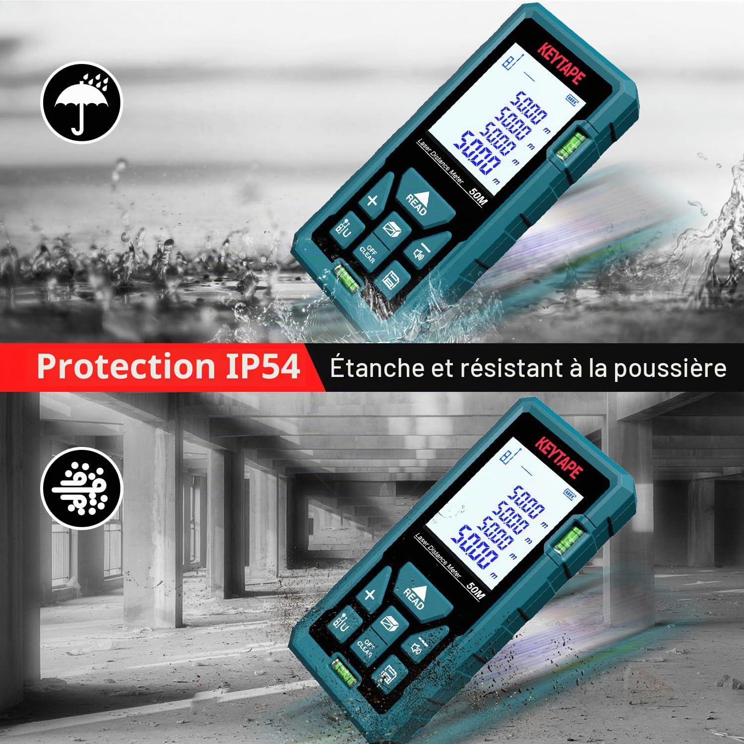 Télémètre Laser Numérique,KEYTAPE DT50 50m Mètre Laser numérique,Mesure du théorème de Longueur/Zone/Volume/Théorème de Pythagore avec Rétroéclairage LCD, IP54