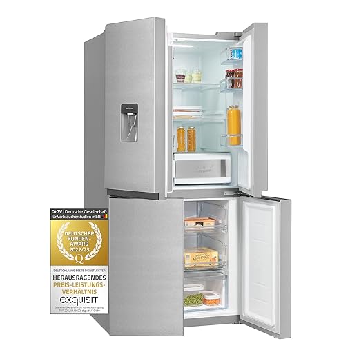 Exquisit Frigorífico Americano MD500-160-WS-030F inoxlook | NO FROST | 492 L de capacidad neta | Display digital en puerta | Dispensador agua | Pt Fresh