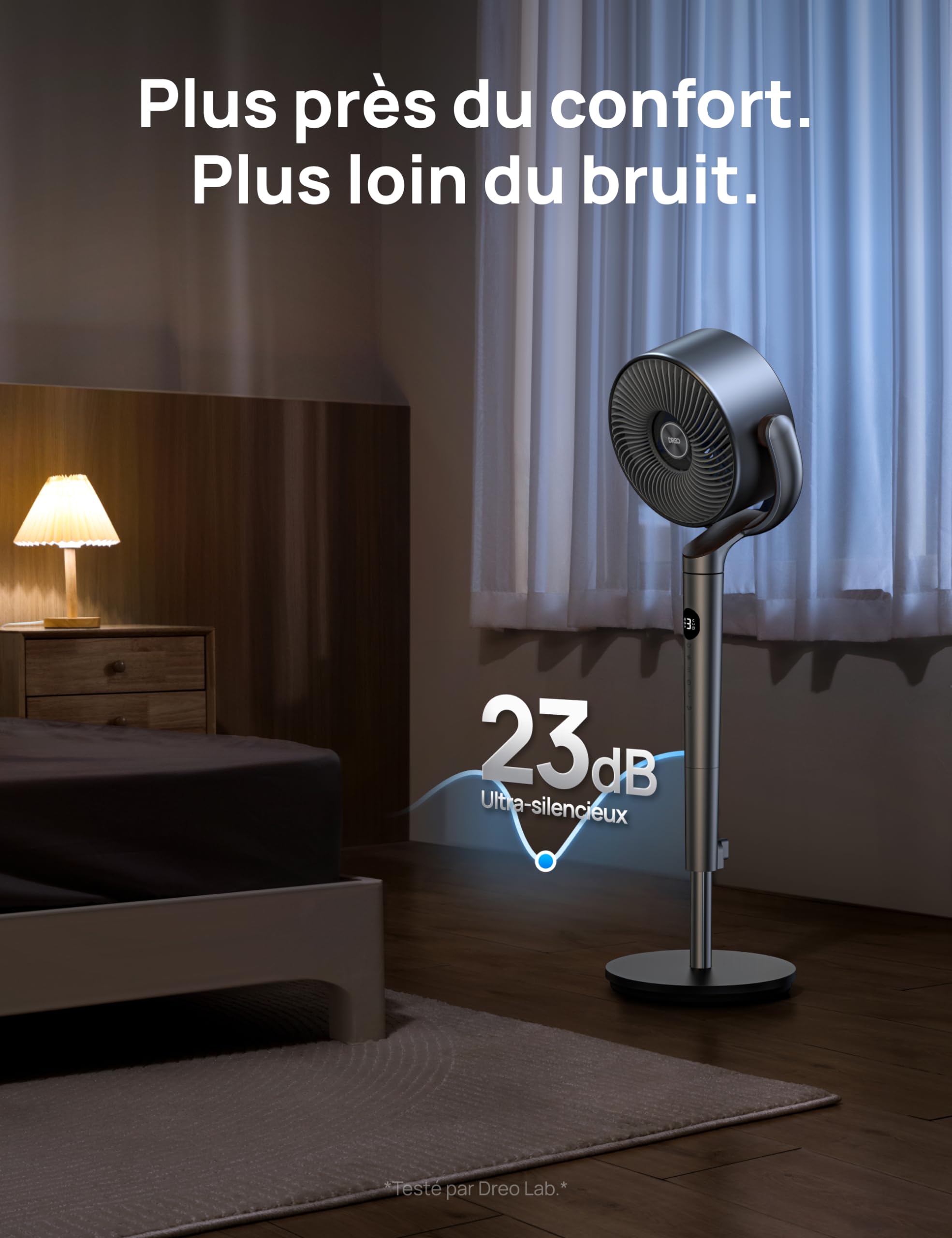 DREO 23dB ventilateur sur pied silencieux, portée de 24M, volume d'air 1200m³/h, turbo circulateur, hauteur de 102CM, 3 modes, 8 vitesses, oscillation omnidirectionnelle 120°+120°, PolyFan 502