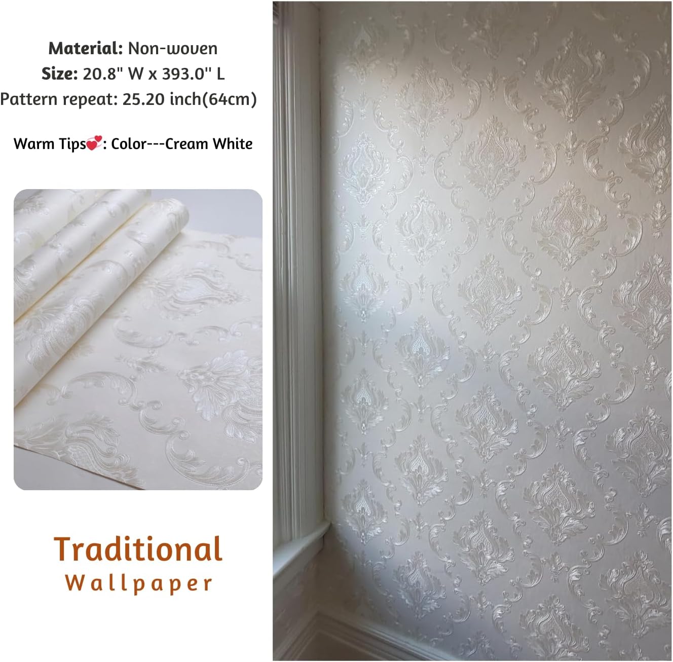 Vintage Embossed Textured Floral Traditional Wallpaper Cream White Decorative Damask Wall Paper 20.8" X 393.0"