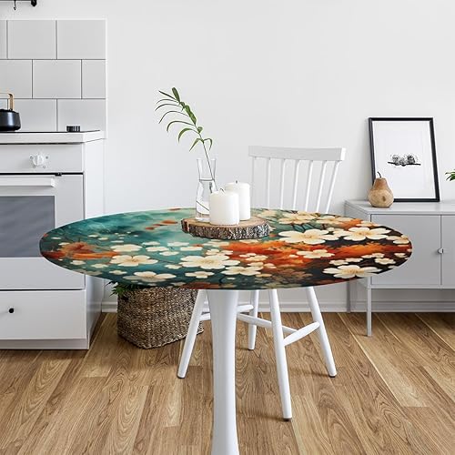 Vista 179 de Pardick Mantel redondo elástico con diseño de hojas de otoño, mantel redondo ajustable de 36 a 42 pulgadas, mantel circular impermeable, lavable