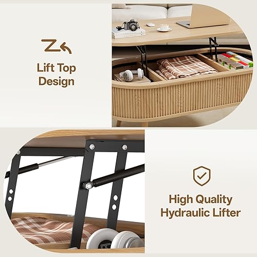 Miniatura 4 de Mesa auxiliar ovalada con almacenamiento, moderna mesa de centro acanalada con parte superior elevadora, mesas de centro pequeñas con Roble