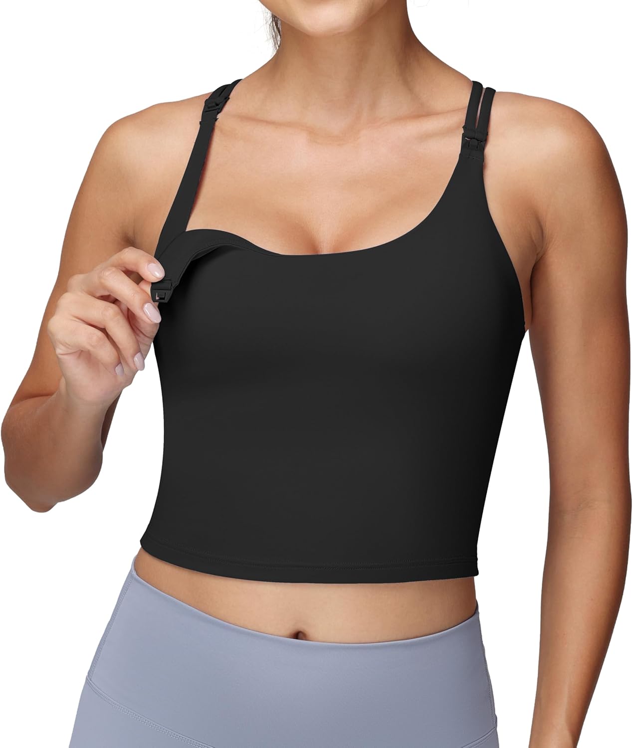 Foucome Nursing Tank Tops for Breastfeeding Longline Nursing Sports Bra Cross Back Workout Crop Top with Built in Bra