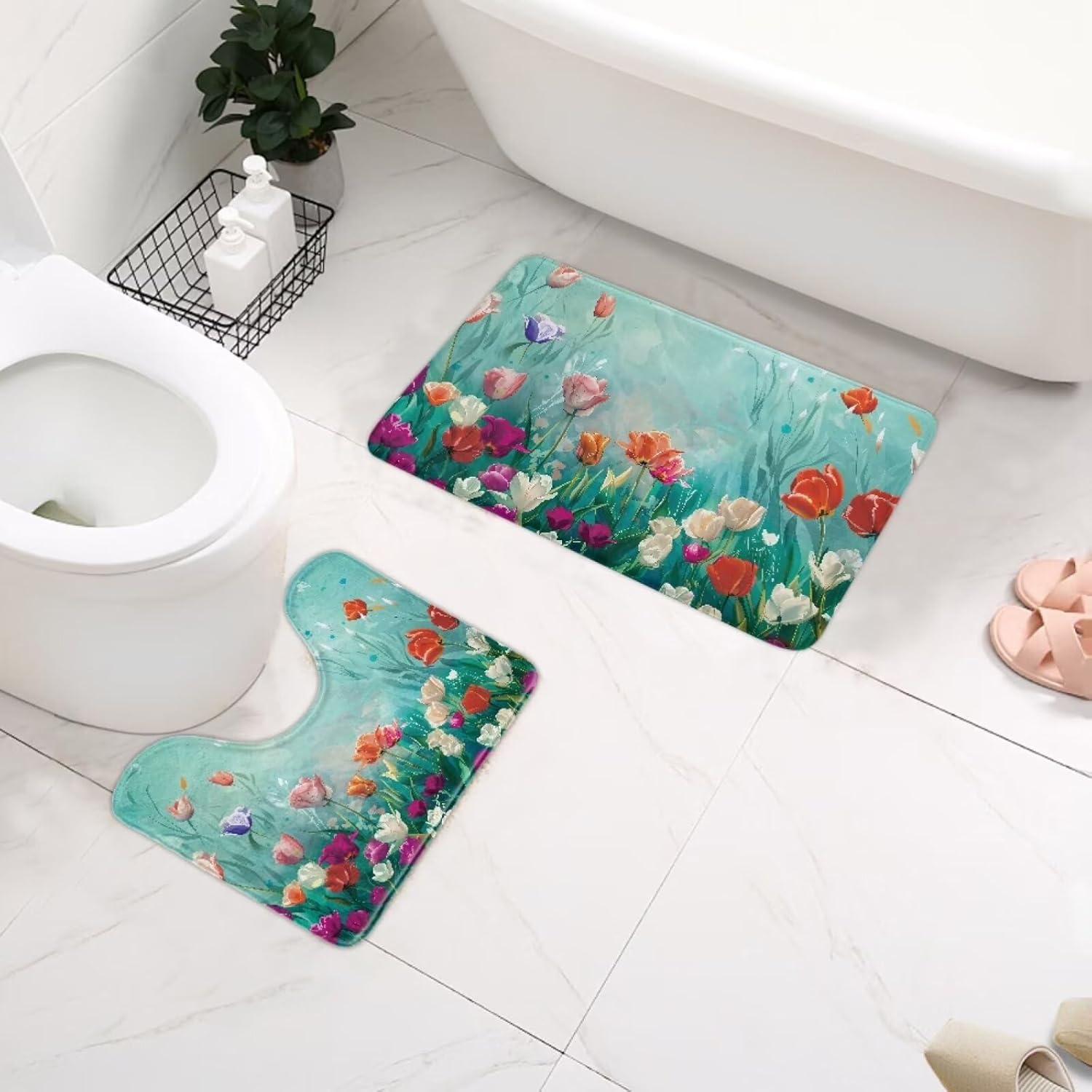 Colorful Floral Bath Mat Set 2 Piece Green Bathroom Rugs Sets 2 Piece Bathroom Mats for Floor Bathroom Decor Bath Rugs Non Slip Washable Toilet Accessories